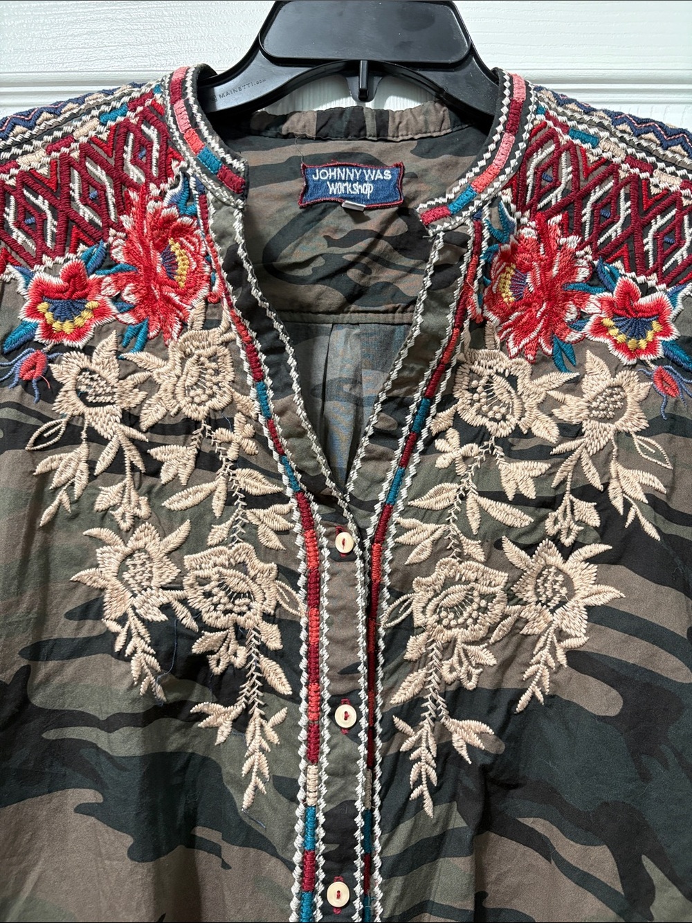 Johnny Was Olive Green Camo Embroidered Button-Down Top